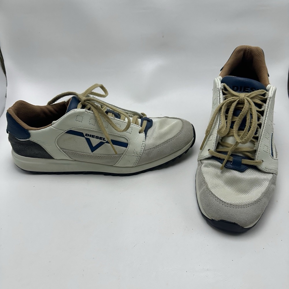Diesel S-Fleett V-Staffetta Mens Leather Sneaker White Blue Size 7.5 Shoes